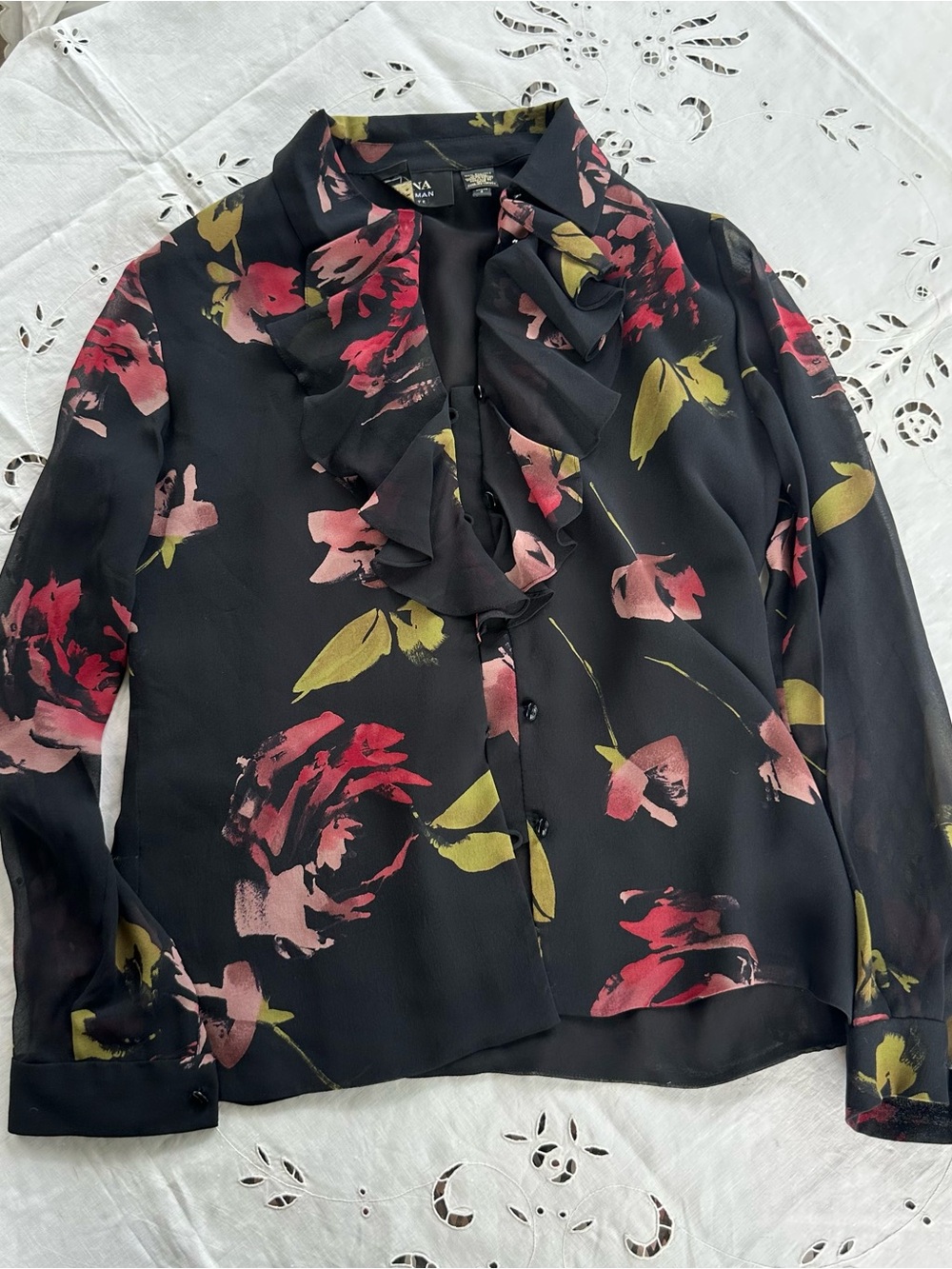 Dana Buchman Silk Black Floral Petite Ruffled Button-Down Blouse